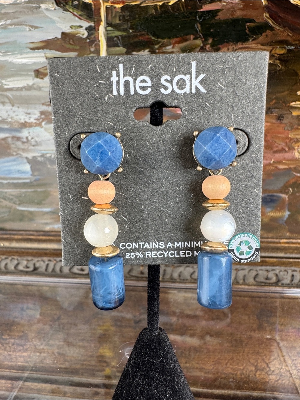 0638-the sak Blue and Cream Beaded Drop Earrings with Gold Accents